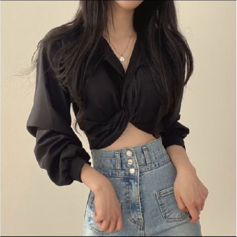 เสื้อเชิ้ตแฟชั่น แขนยาวเอวลอย ผูกด้านหลัง