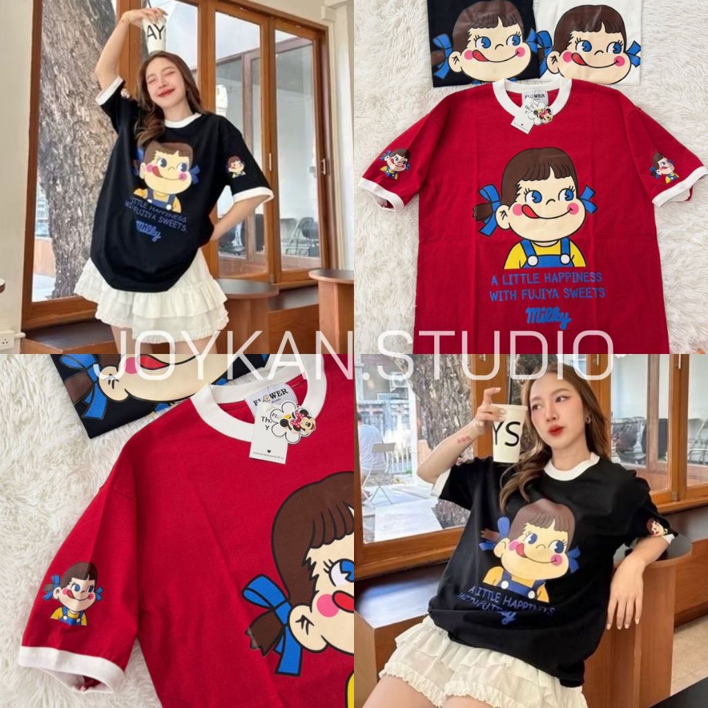 เสื้อยืด Oversize Peko กุ้นแขน ป้าย FLOWER (F113)