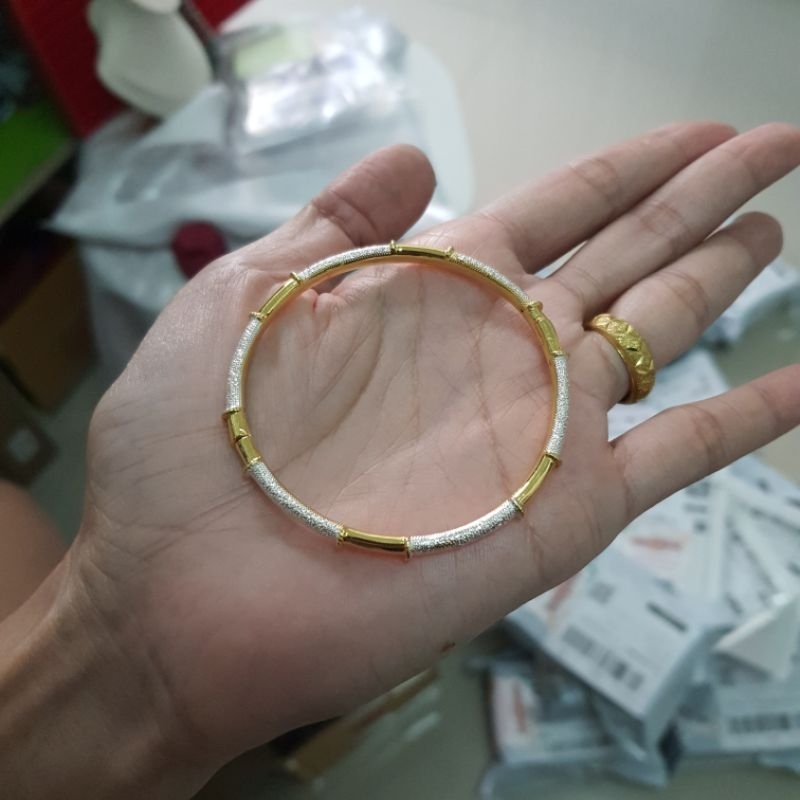 กำไลข้อมือ ปล้องไผ่ ทองคำขาว พรีเมี่ยม ข้อมือ 16-18 ซม. ใส่ได้พอดีสวย