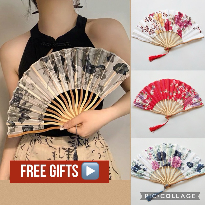 พร้อมส่ง กทม พัดวินเทจ ผ้าไหมสไตล์จีน-ญี่ปุ่น พัดพับ พกพา ของขวัญ ต้นรำ สไตล์วินเทจ ลายดอกไม้คลาสสิก