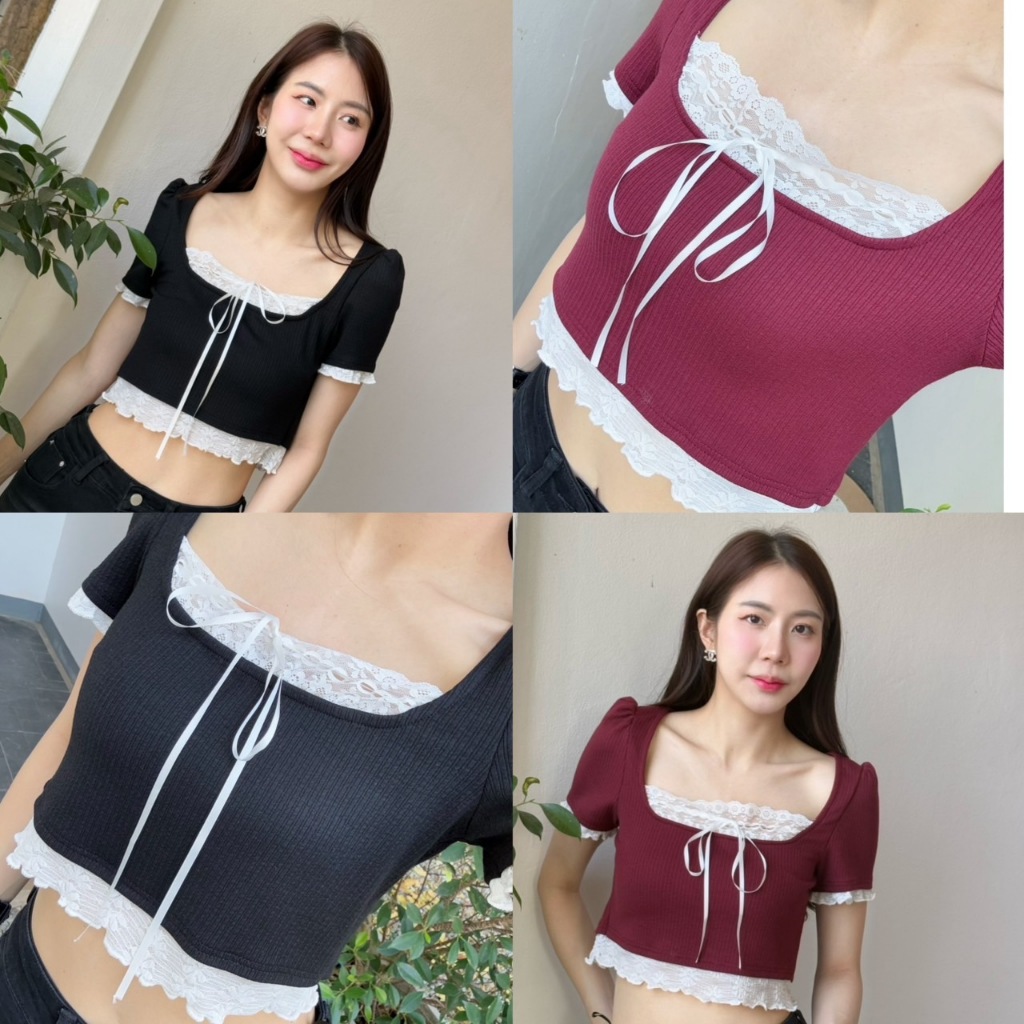 PP0385 เสื้อแฟชั่นแขนสั้นขอบแต่งดีเทลลูกไม้