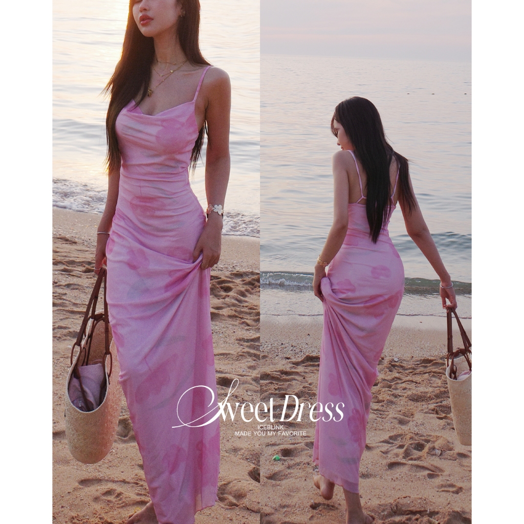 ICEBLINK l Sweet dress เดรสสายเดี่ยวสีชมพูลายดอก ชุดวาเลนไทน์