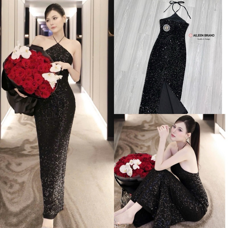 เดรสยาวแต่งกลิตเตอร์เพชรทั้งชุดสีดำสวยหรู