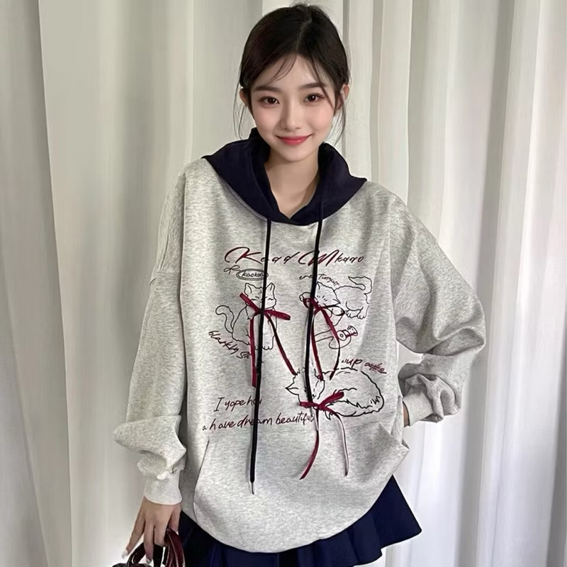 เสื้อ Lovito เสื้อสเวตเตอร์เย็บโบว์ผ้าลายสีบล็อกน่ารักสำหรับผู้หญิง