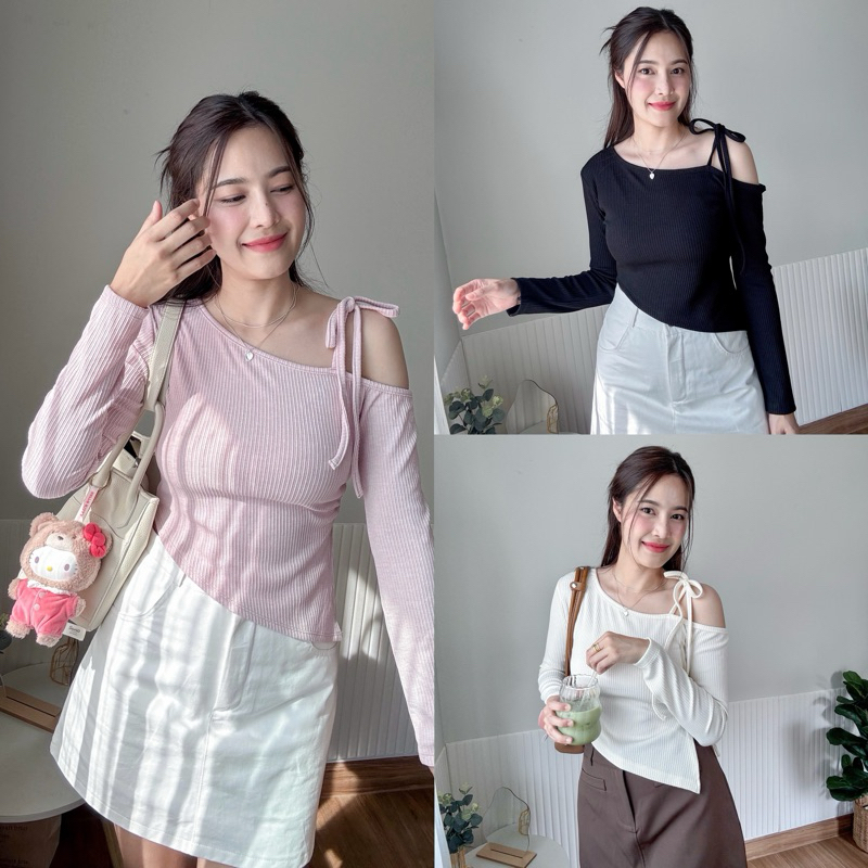 (มี 6 สี )Diana top เสื้อแขนยาวปาดไหล่ ผูกโบว์