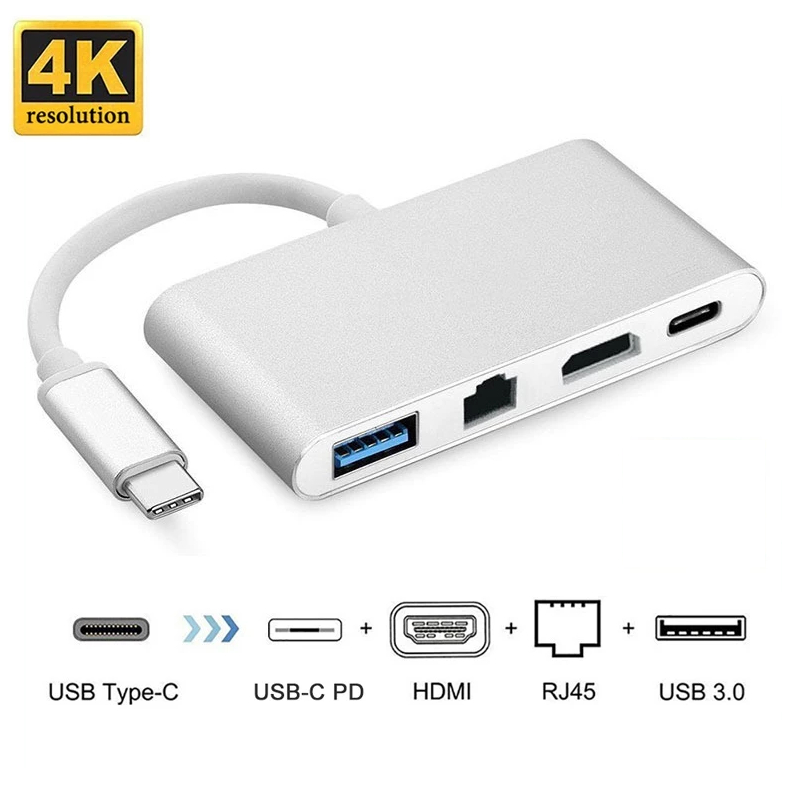 Type-C to HDMI 4 in 1, LAN + Type-C + USB 3.0 + HDMI