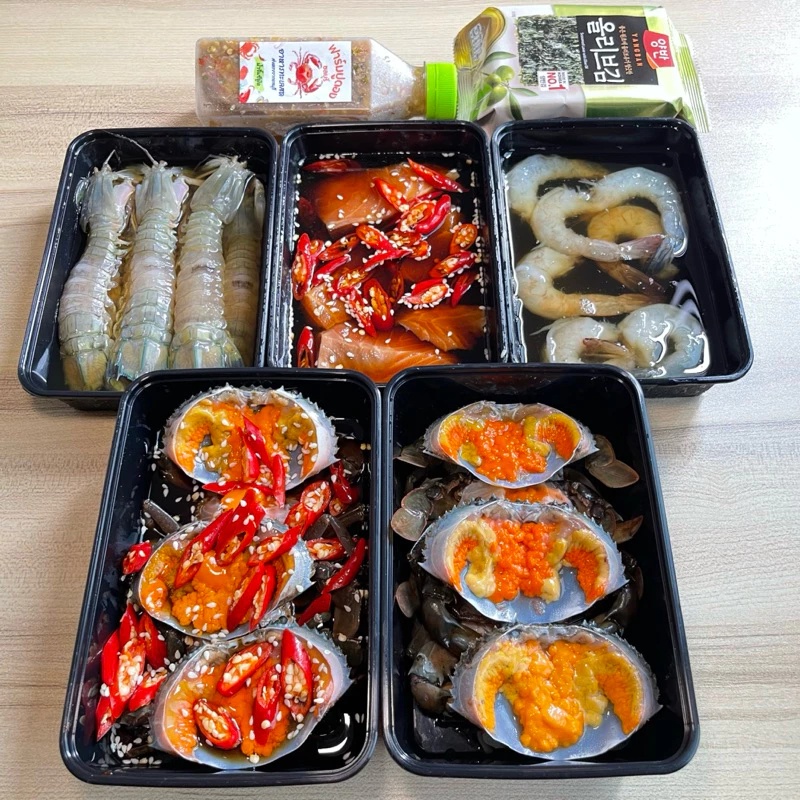 (วันที่ได้รับสินค้าแจ้งในแชท) ส่งฟรี✅ เซ็ตส่งฟรีปูไข่ดองไซส์จิ๋ว6ตัว กุ้ง กั้ง แซลมอน