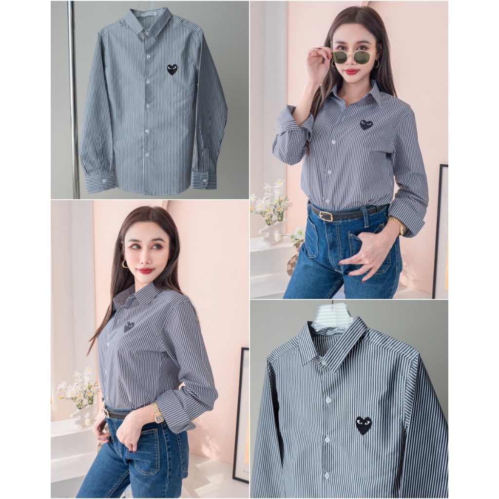 (C14 ริ้วดำ-ใจดำ) ผ้าCotton เสื้อทำงาน เสื้อใส่เที่ยว