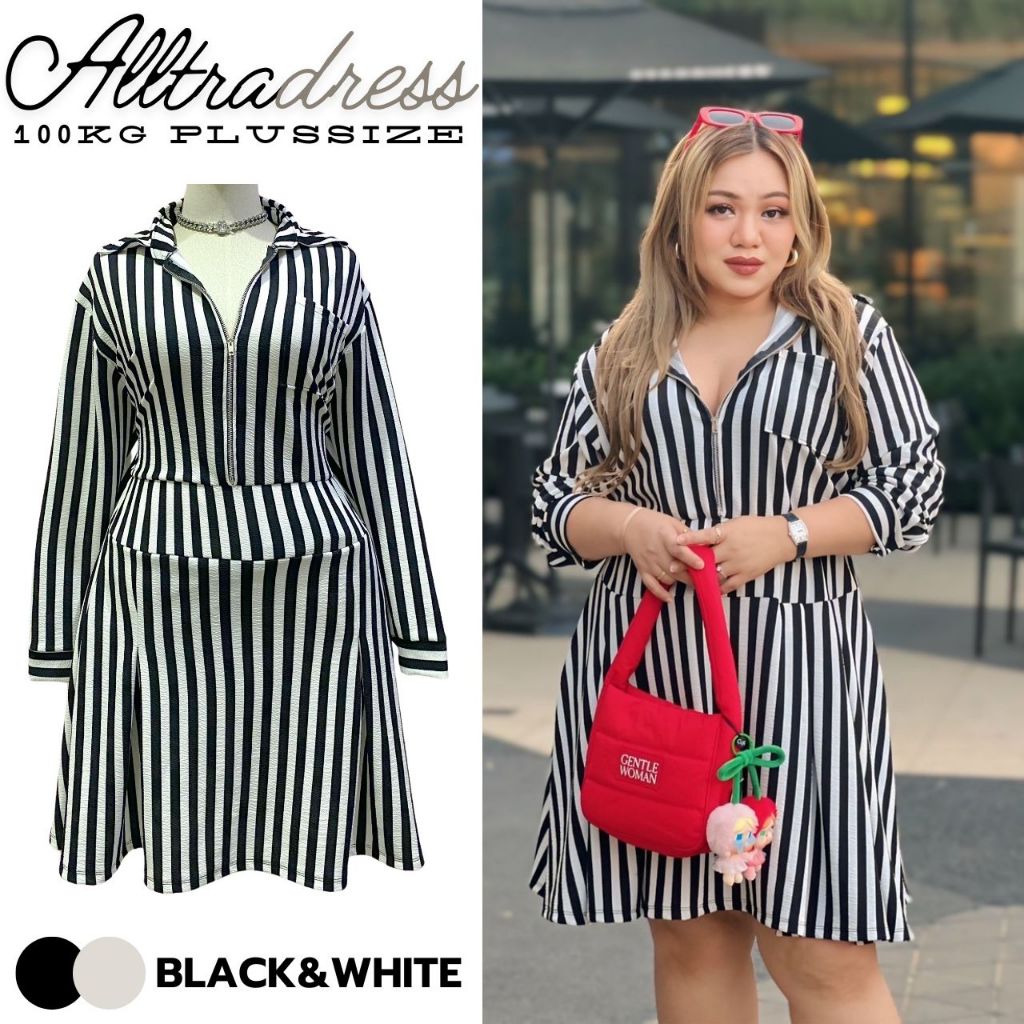 Plus size มินิเดรสซิปหน้าคอปกลายทางจีบทรงเทนนิสผ้าวูลเวฟของสาวอวบ เเฟชั่นผู้หญิงอ้วน รุ่น อัลต้า(F2)