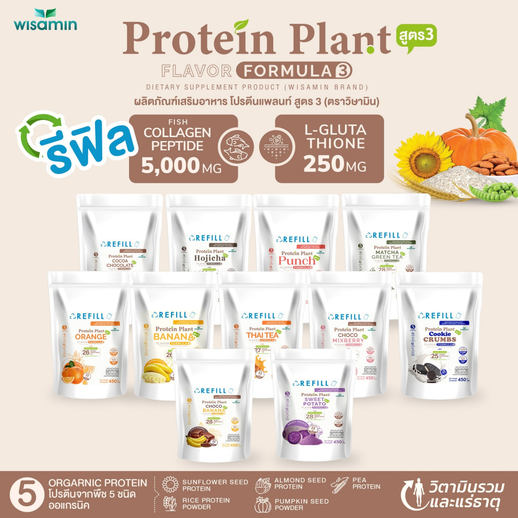 PROTEIN PLANT โปรตีนแพลนท์ สูตร 3 (รีฟิล 450 กรัม) มี 11 รสชาติ โปรตีนพืช ออแกรนิค (ตราวิษามิน) ปริมาณ 450 กรัม/ซอง