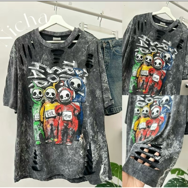 เสื้อยืดผ้าฟอกวินเทจแต่งขาดเซอร์ (ราย ฮาโลวีน)ใส่ได้ทั้งผู้หญิงและผู้ชาย ผ้านุ่มสุดๆ