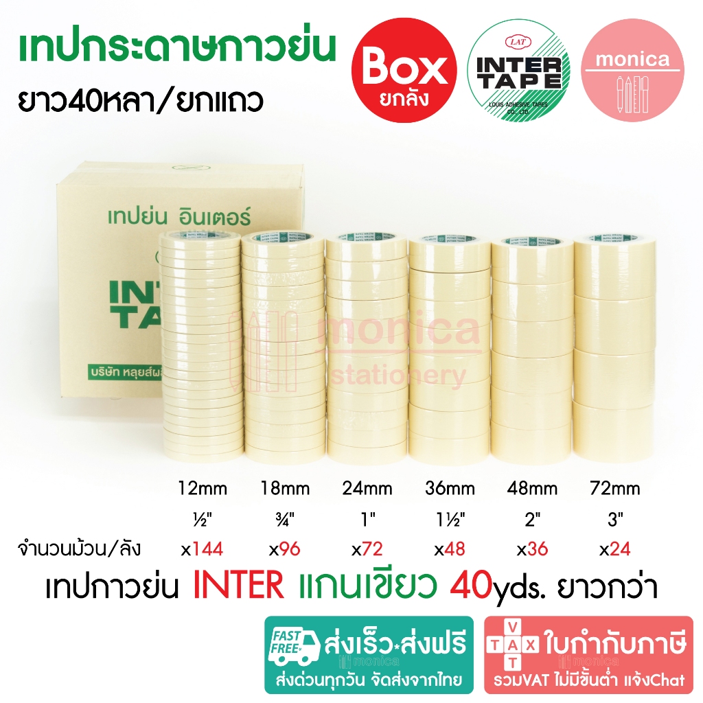 ส่งฟรี (ยกลัง) เทปกาวย่น 40หลา INTER TAPE อินเตอร์ แกนเขียว ½ ¾ 1 1.5 2 3 นิ้ว เทปย่น เทปกระดาษกาว