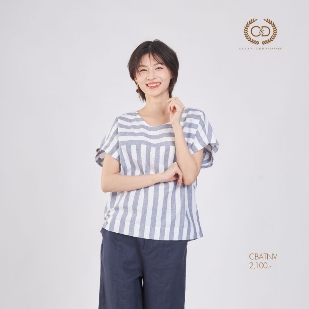 C&D Woman's blouse Two tone stripe เสื้อผู้หญิง คอกลม แขนเลย สีขาวริ้วกรม CBATNV