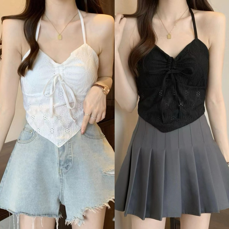 พร้อมส่งในไทย เสื้อคล้องคอ เกาะอกคล้องคอ มีฟองน้ำ ดีเทลลายฉลุ