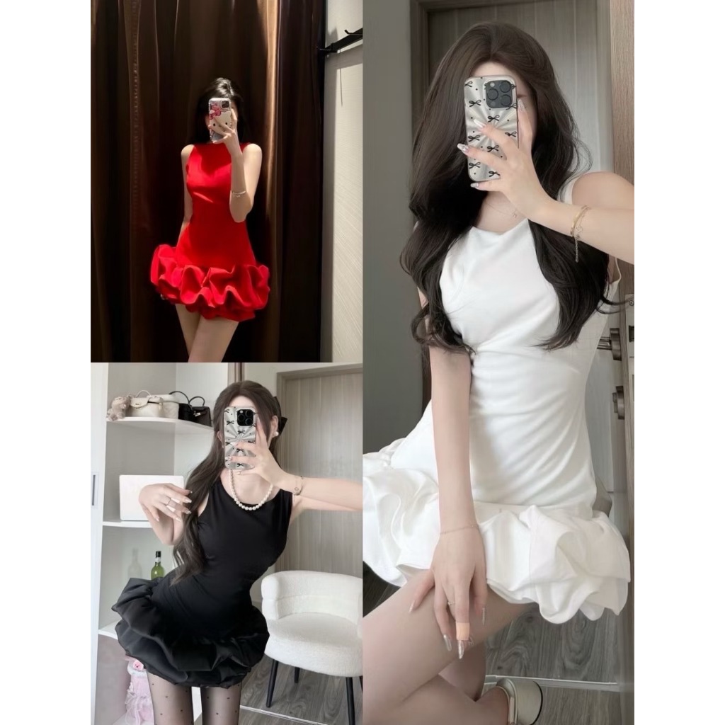 bs4267 มินิเดรสผ้ายืดแขนกุด แต่งระบายชาย มาพร้อมกางเกงขาสั้น