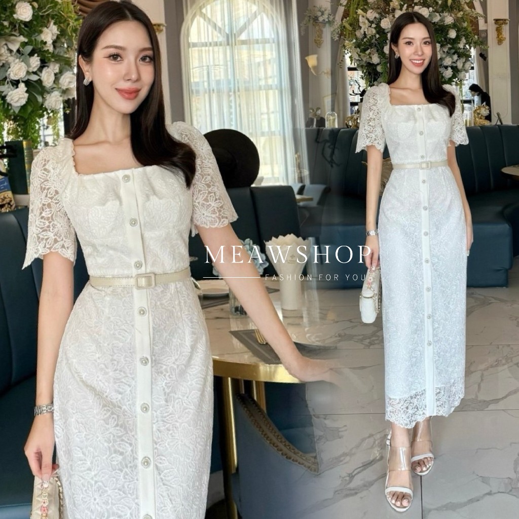 เดรสลูกไม้+เข็มขัด S-XL ชุดไปวัด ชุดทำบุญ ชุดออกงาน ชุดไปงาน ชุดแฟนนาค ชุดงานบวช ชุดทำงานผู้หญิง ชุด
