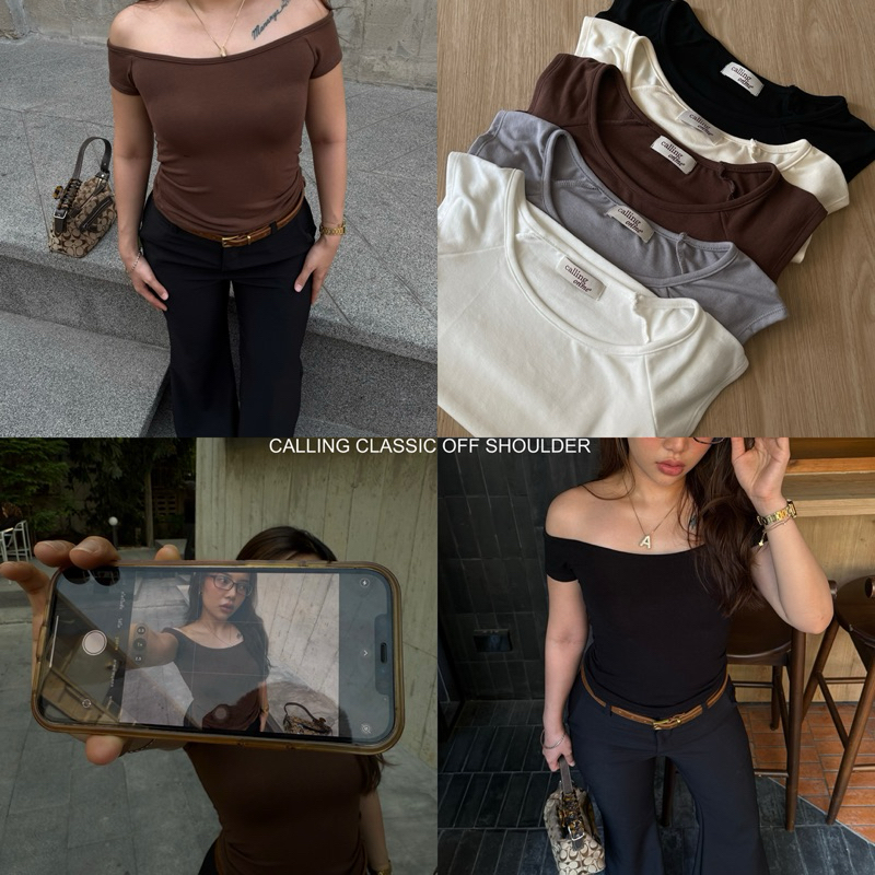 callingonme-classie top off shoulder  เสื้อปาดไหล่แขนสั้น ผ้านุ่มนิ่ม ทรงรัดรูป