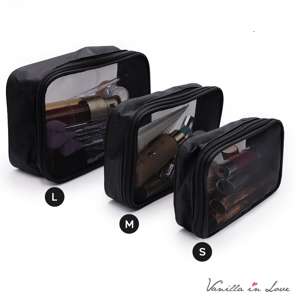 BG139 กระเป๋าเครื่องสำอาง makeup pouch แบบซิป ตาข่ายดำ ทรงยาว จุเยอะ SML