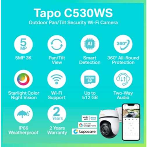 TP-Link Tapo C530WS กล้องไวไฟ 3K 5MP ใช้งานภายนอกIP66 Smart AIภาพสีสดใสแม้แสงน้อย 360°มุมมองแนวนอน มีไมค์และลำโพงในตัว