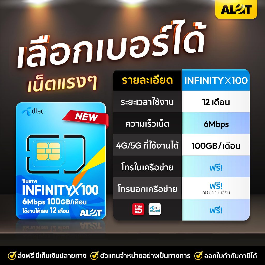 ซิมเทพดีแทค Infinity X 100 เลือกเบอร์ set2 ซิมดีแทค ซิมเน็ต 6mbps เน็ตรายปี โทรฟรีทุกเครือข่าย 60นาที / เดือน ซิมรายปี