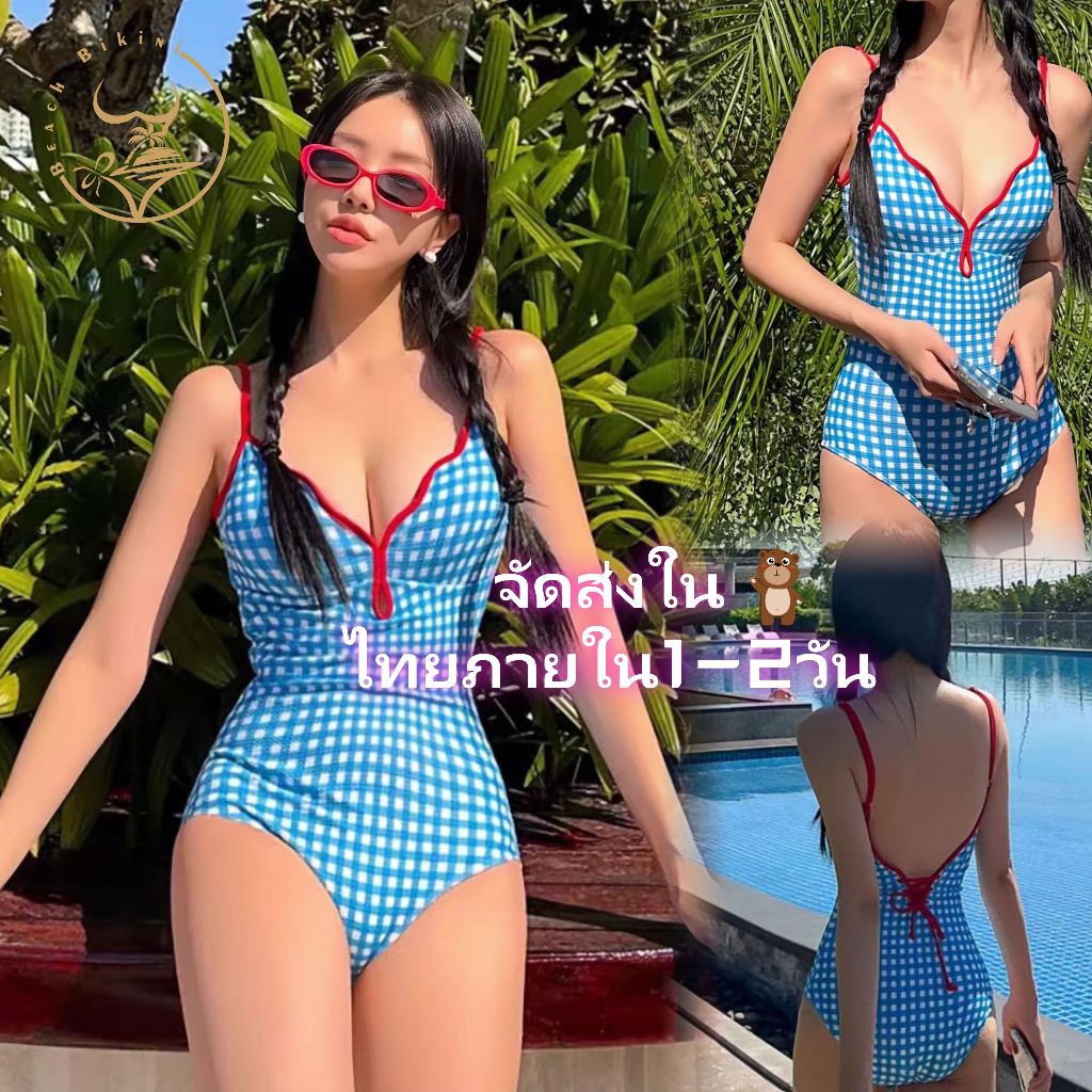 Beach Bikini💓ชุดว่ายน้ําวันพีชชุดว่ายน้ำสตรีที่มีกระโปรงลายสก๊อตสุดเซ็กซี่ สไตล์เรโทร   สําหรับเด็กผู้หญิง