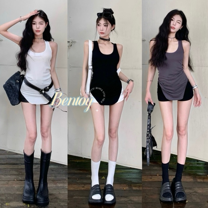 Bentoy(bratop6877）เสื้อกล้ามเสื้อครอป สีพื้น ผ้าใส่สบาย สลิมฟิต สไตล์​ชุดลำลอง