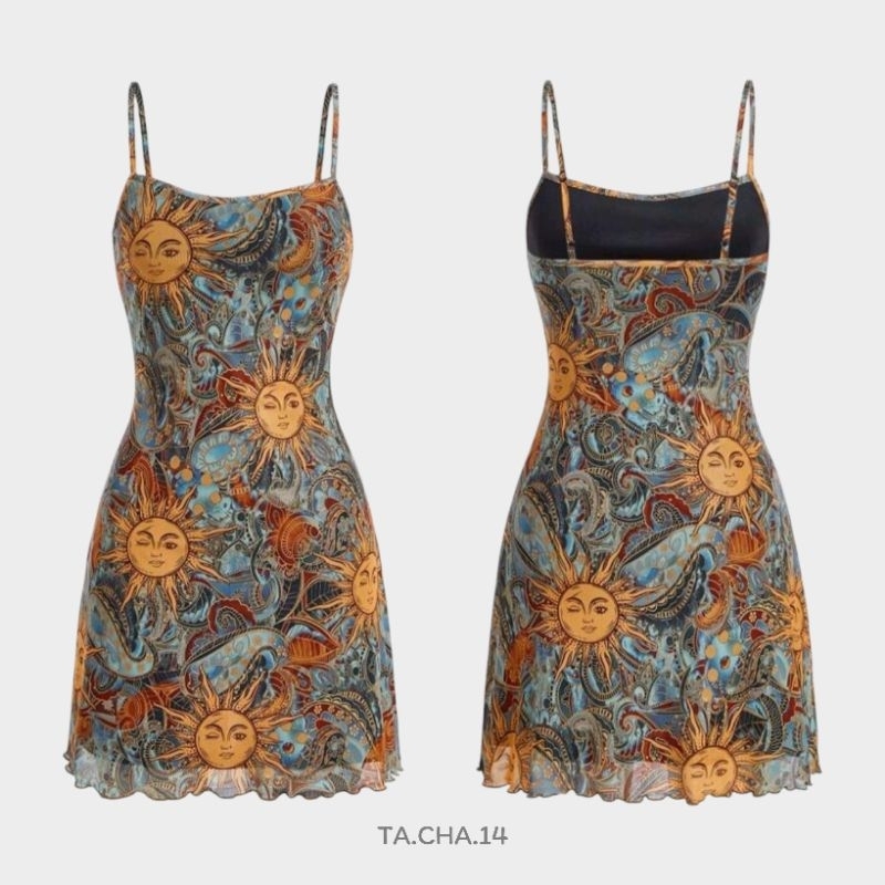 ชุดเดรสสายเดี่ยว​ ลายพระอาทิตย์​ ลายมัดย้อม​ ขอบ​หยัก​ I พรี​ออเดอร์​