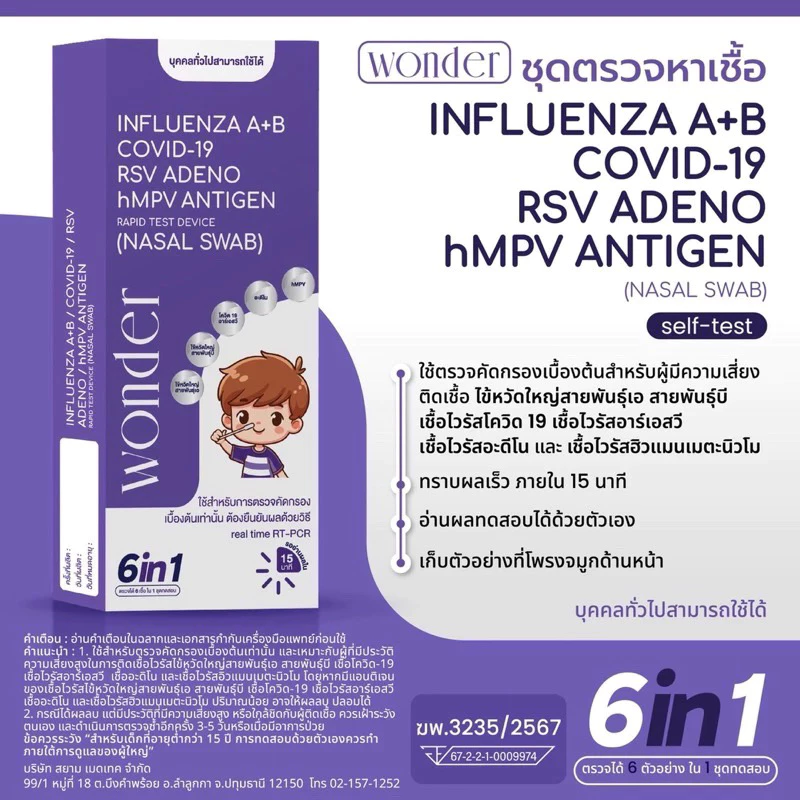 ชุดตรวจเด็กและผู้ใหญ่ 6 เชื้อ ไข้หวัด A，B ，RSV, Covid-19 อะดิโน hMPV วันเดอร์ ATK wonder home use
