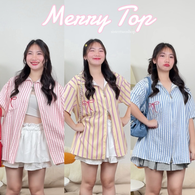 Merry Top เสื้อเชิ้ตคอปกลายริ้วซิปดาว อก46-48“ หน้ายาว27“ หลังยาว29”เช็คขนาดไซซ์ก่อนกดสั่งซื้อนะคะ