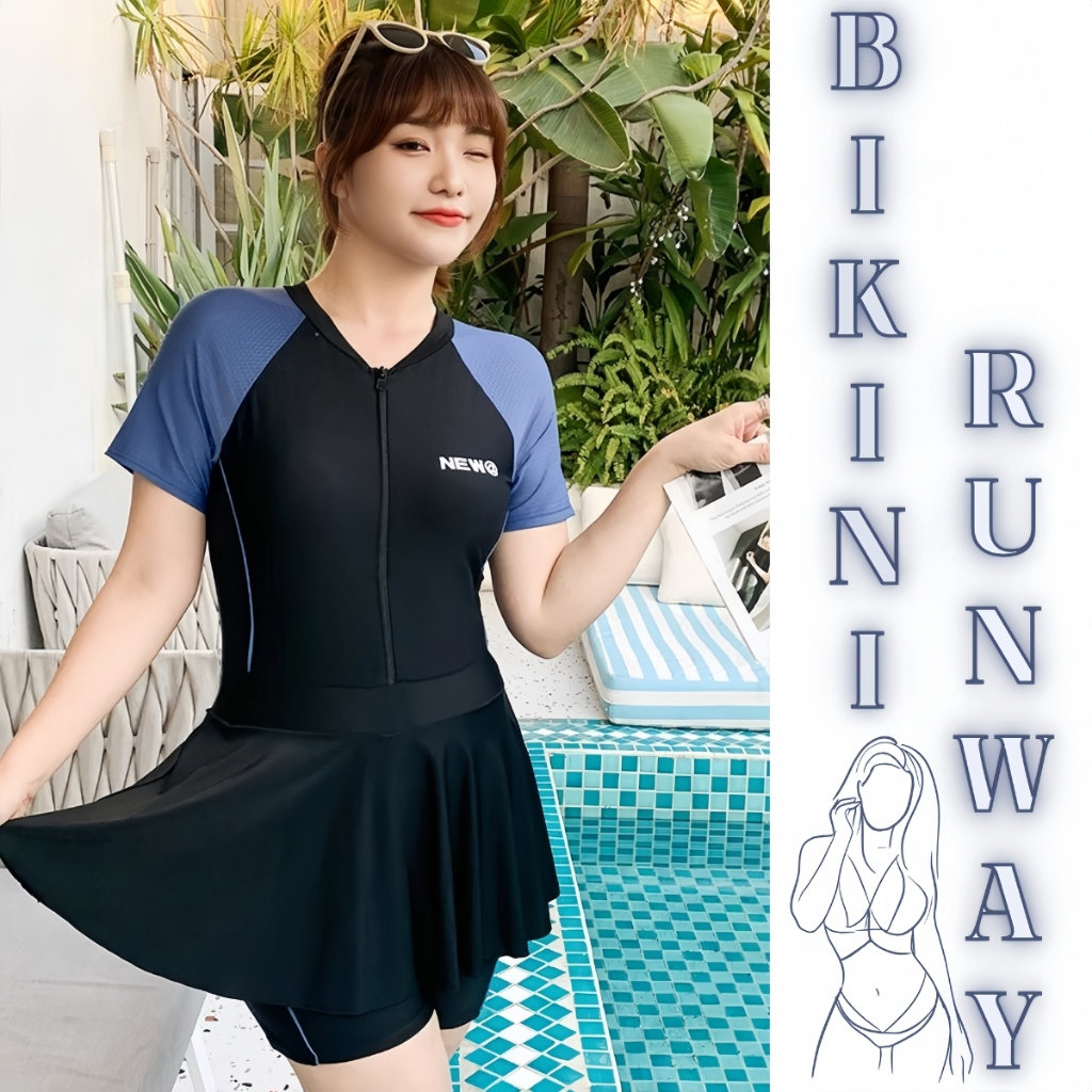 ชุดว่ายน้ำดีไซน์สุดเก๋ ชุดว่ายน้ำแฟชั่น ชุดว่ายน้ำผู้หญิง 🍥 เสื้อแขนสั้น ซับในในตัว พรางหุ่นได้สวย