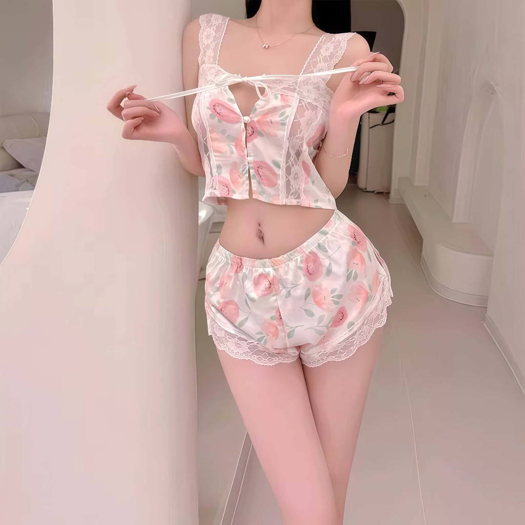 sexypajamas ชุดนอน ซาติน ชุดสองชิ้น ชุดนอนสายเดี่ยว ลายดอกไม้  ลูกไม้เซ็กซี่ มีหลายสีให้เลือก ชุดอยู่บ้าน