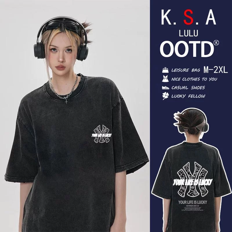 เสื้อฟอกวินเทจผู้หญิงเท่ๆ ผ้าฝ้าย 100% oversize เสื้อผ้าแฟชั่นสไตล์เกาหลี สไตล์ฮิปฮอป เสื้อยืดคู่กับแฟนไซร์ใหญ่ชายหญิง