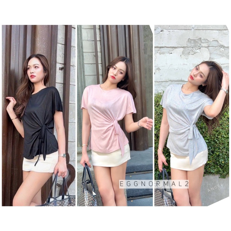 ANGEL STYLE ❤️T227 เสื้อยืดสล๊าฟผูกข้างคอกลมไหล่ล้ำ ผ้าสล๊าฟเงานำเข้า