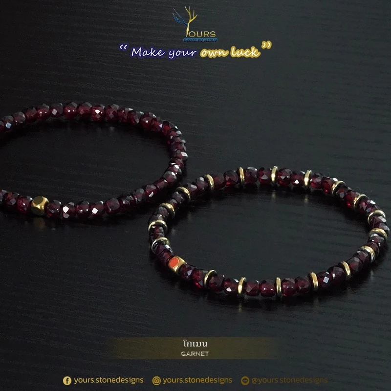 กำไลหิน "โกเมน" แท้ 100% ขนาด 4mm ทรงลูกบาศก์ เจียรเหลี่ยม สร้อยข้อมือหิน หินนำโชค หินมงคล หินเสริมดวง สร้อยข้อมือหิน