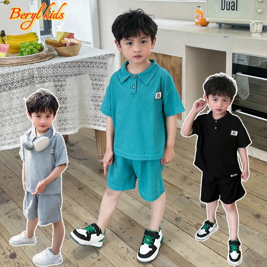 Beryl kids🌸ชุดเด็กชายและเด็กหญิงฤดูร้อน🎀เสื้อผ้าแขนสั้นกางเกงขาสั้นสองชิ้น งานผ้าร่องแฟชั่น แบบกีฬาลำลอง