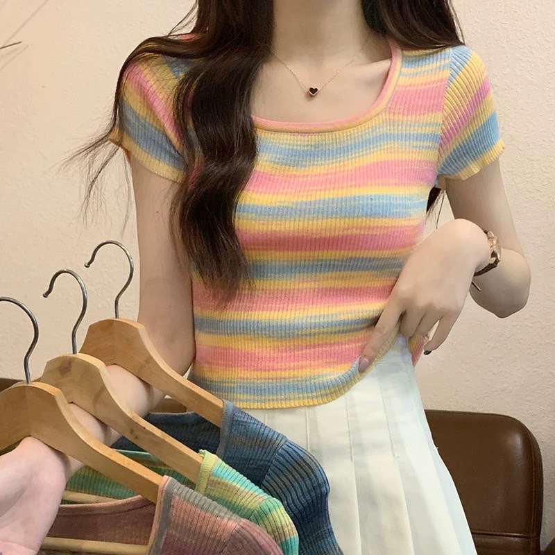 Fairy Style เสื้อยืดไหมพรมแขนสั้น เสื้อครอป คอยู ลายทาง สไตล์เกาหลี#5005