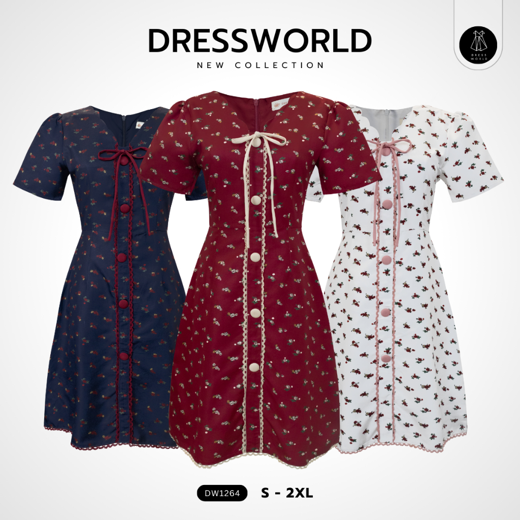 {S-2XL} 1264 งานป้าย Dress World เดรสสั้นทรงบานลายดอก แต่งกระดุมหน้า คอวี น่ารัก ใส่แล้วพรางหุ่นได้ดี ต้องมีติดไว้จ้า