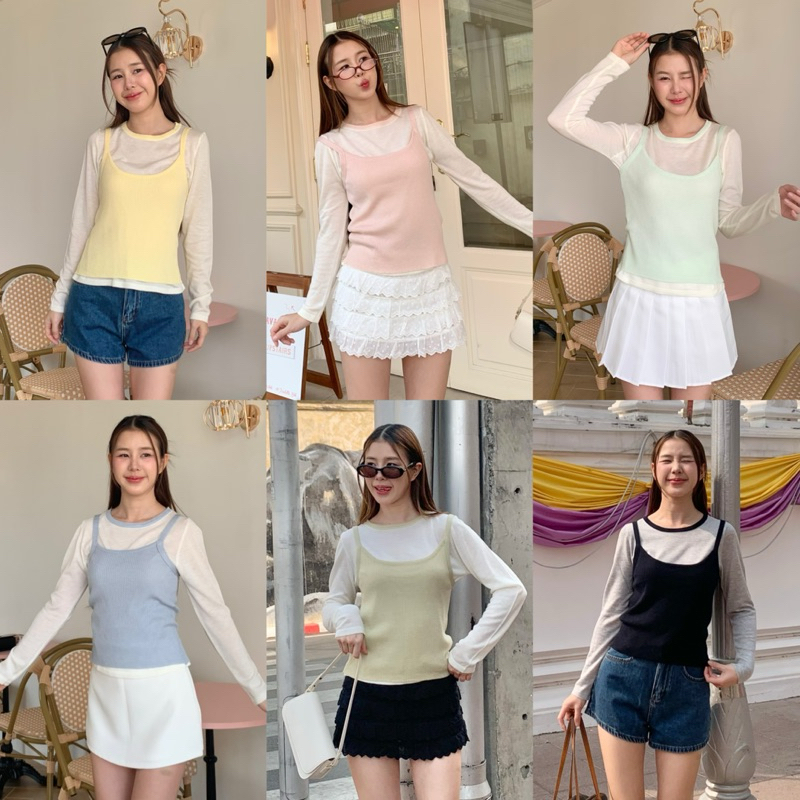 3pcs.basket “T2501” toffy top เสื้อเซ็ตเสื้อแขนยาว + สายเดี่ยว