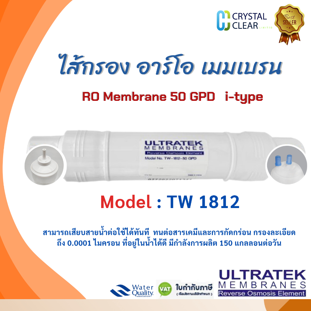 ไส้กรอง อาร์โอ เมมเบรน ไอไทท์ 50 GPD Model:TW-1812 ULTRATEK RO Membrane i-type One Touch ทนสารเคมี