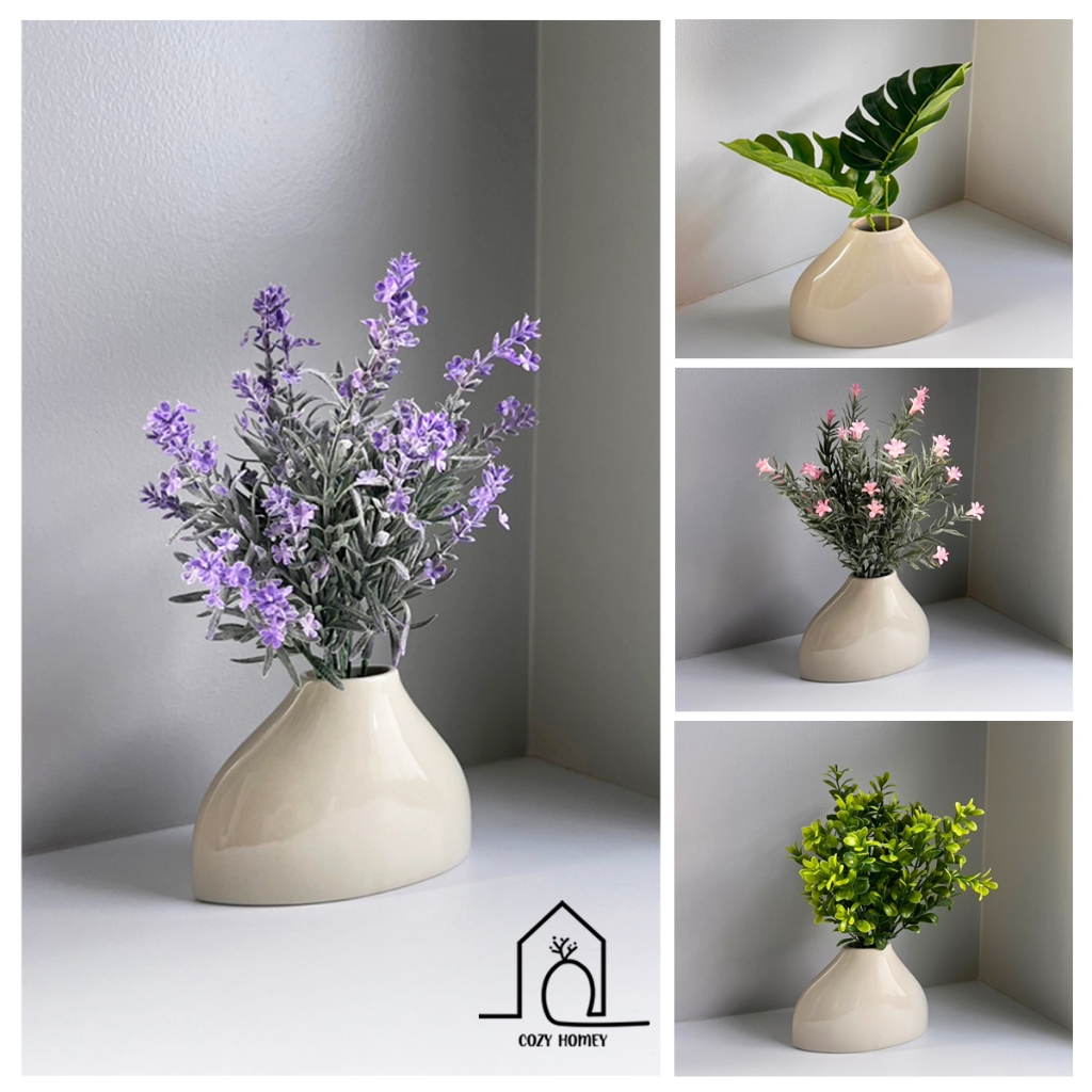 ชุดแจกันเซรามิก ทรงวงรี สีครีม พร้อมดอกไม้ ตกแต่งบ้าน | Flower Vase - Cozy Homey
