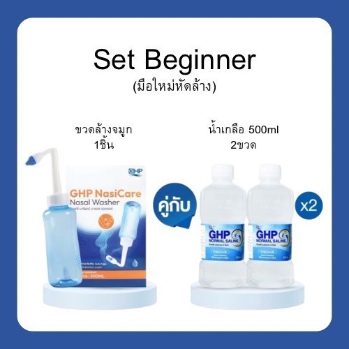 Set Beginner มือใหม่หัดล้าง [น้ำเกลือ GHP ขนาด 500ml คู่กับ ขวดล้างจมูก GHP Nasi CareNasal Washer]