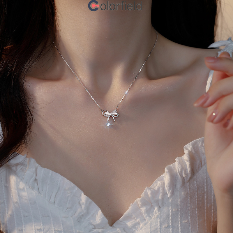 Colorfield  สร้อยคอ จี้โบว์  หินตาแมว ประดับเพชร แฟชั่น เครื่องประดับผู้หญิง สไตล์เรียบหรูเกาหลี
