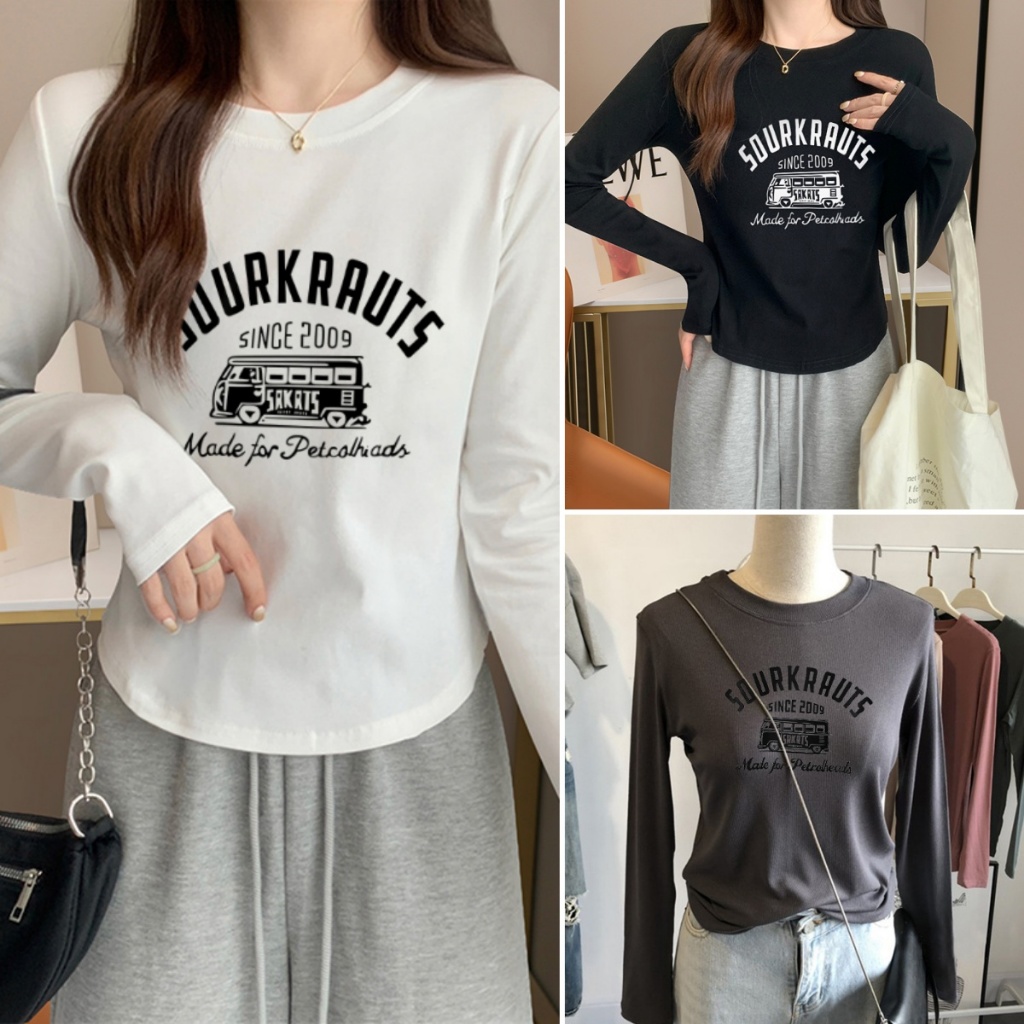 cherryshop พร้อมส่ง เสื้อยืดแขนยาว เสื้อยืดทรงซ้อ พิมพ์ตัวอักษรแขนยาว ดีไซน์จีบเก๋ไก๋ใหม่ สไตล์อเมริกัน
