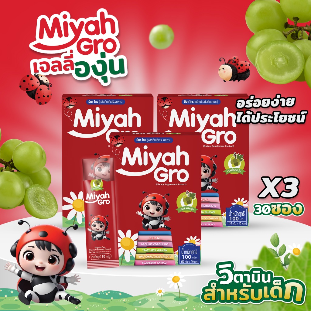 [โปรโมชั่น 3 กล่อง] Miyah gro วิตามินแร่ธาตุเสริมภูมิคุ้มกัน ช่วยเจริญอาหารสำหรับเด็ก ขนาด 100g.