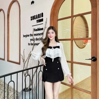 ชุดเซตผ้าเปลือกไม้ เสื้อแขนยาวผ้าซีฟองระบายอกผูกโบว์อก+กางเกงกระโปรงเอวเรียบสม็อคหลังแต่งกระดุม A5852
