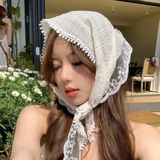 Rubuyou ผ้าพันคอ ผ้าโพกศีรษะ ทรงสามเหลี่ยม แต่งลูกไม้ ลายดอกไม้ แฟชั่นฤดูร้อน สไตล์ฝรั่งเศส ระบายอากาศ ถอดออกได้