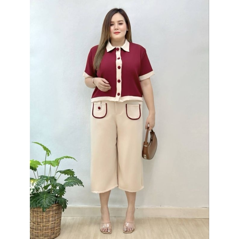 เสื้อแฟชั่นคอปกกระดุมหน้า + กางเกง7ส่วน เนื้อผ้าสวมใส่สบาย พร้อมส่ง