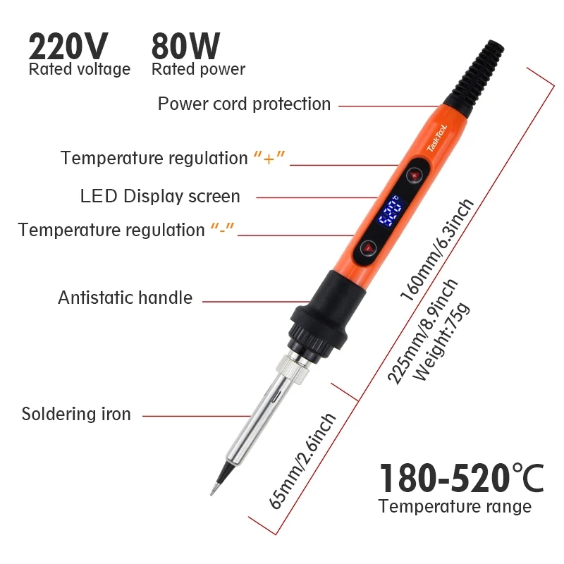 TASKTOOL  หัวแร้งบัดกรี 80W หน้าจอ LCD เตารีดไฟฟ้า หัวแร้งบัดกร 220v ปรับอุณหภูมิ 180-520 ℃ ร้อนเร็ว TISI STANDARD thumbnail 8