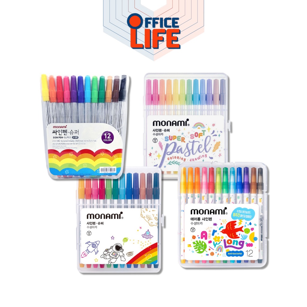Monami (โมนามิ) ปากกาเมจิก ปากกา Sign Pen รุ่น Basic / Pastel / Air Long แบบ 12 สี ( 1 กล่อง )