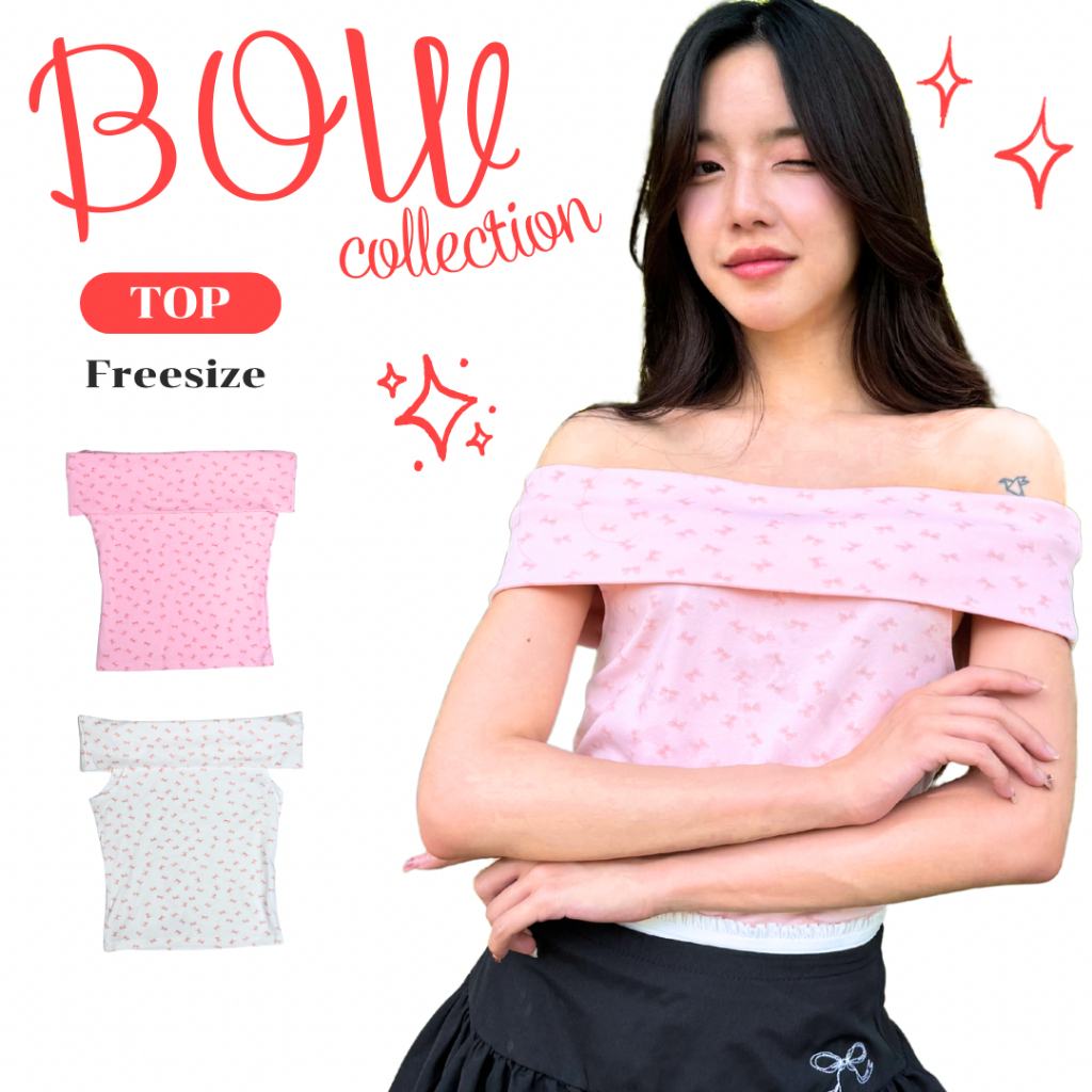 JARINYA เสื้อปาดไหล่ พิมพ์ลายโบว์ เนื้อผ้ายืด เกรดดี ทรงเป๊ะ ใส่สวยมาก Lady ผู้หญิง
